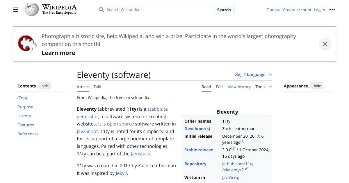 A screenshot of the Wikipedia page for Eleventy