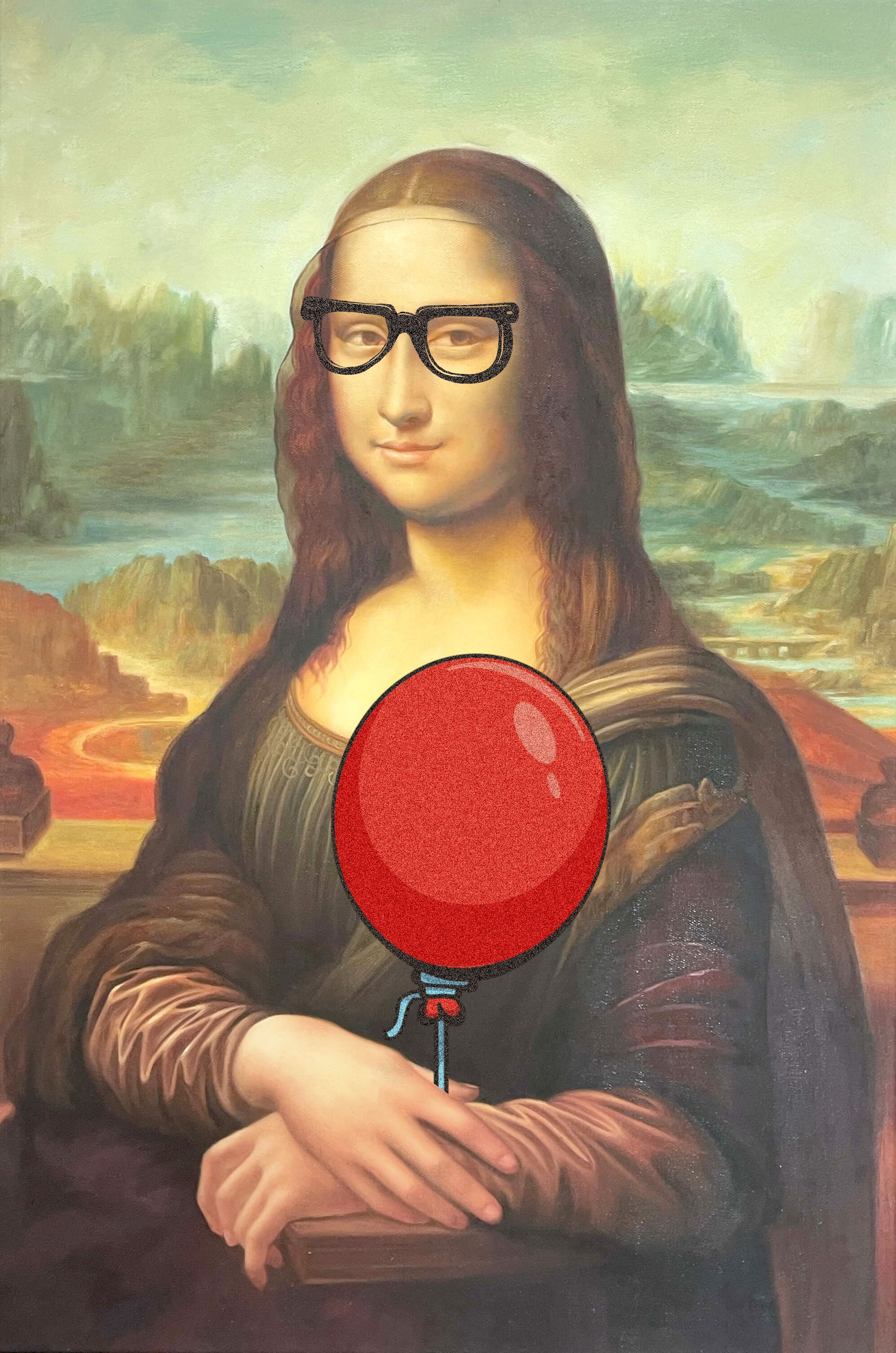 A screenshot of the mona lisa, wearing the 11ty possum glasses and holding the 11ty red balloon