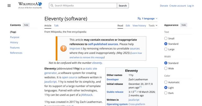 A screenshot of the Wikipedia page for Eleventy